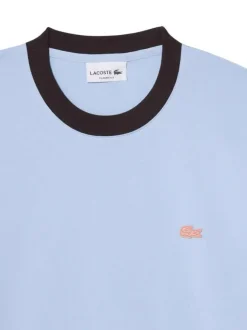 T-shirt en coton bleu à coupe droite pourvu d'un col rond côtelé