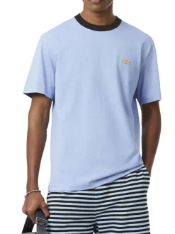 T-shirt en coton bleu à coupe droite pourvu d'un col rond côtelé