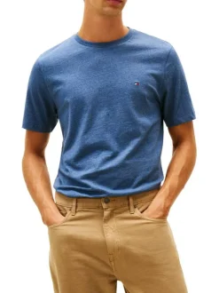 T-shirt en coton bleu à coupe droite pourvu d'un col rond et de manches courtes