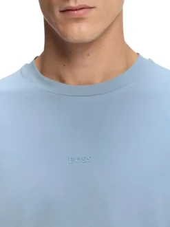 T-shirt en coton bleu à coupe droite pourvu d'un col rond lisse
