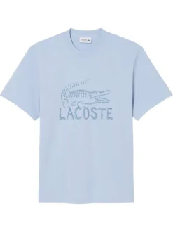 T-shirt en coton bleu à coupe droite pourvu d'un col rond texturé