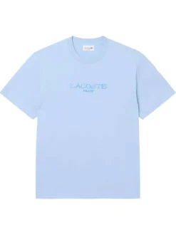 T-shirt en coton bleu à coupe droite pourvu d'un col rond texturé
