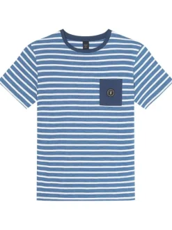T-shirt en coton bleu et blanc rayé avec une coupe droite et un col rond