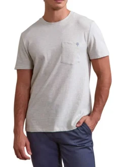 T-shirt en coton bleu et écru à rayures avec une coupe droite et un col rond