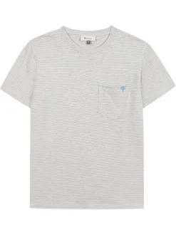 T-shirt en coton bleu et écru à rayures avec une coupe droite et un col rond