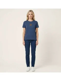 T-shirt en coton bleu à imprimé avec une coupe droite et un col rond