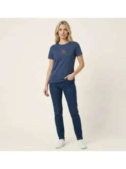 T-shirt en coton bleu à imprimé avec une coupe droite et un col rond