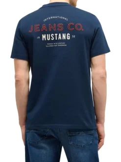 T-shirt en coton bleu à imprimé avec une coupe droite et un col rond