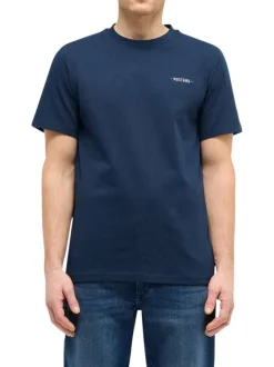 T-shirt en coton bleu à imprimé avec une coupe droite et un col rond
