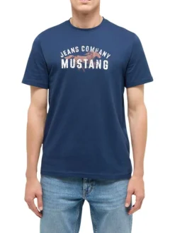 T-shirt en coton bleu à imprimé avec une coupe droite et un col rond