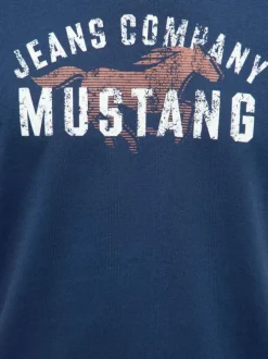 T-shirt en coton bleu à imprimé avec une coupe droite et un col rond