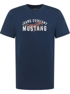 T-shirt en coton bleu à imprimé avec une coupe droite et un col rond