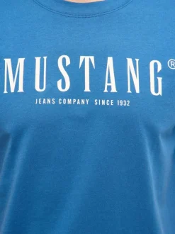 T-shirt en coton bleu à imprimé avec une coupe droite et un col rond