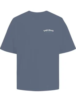 T-shirt en coton bleu imprimé avec une coupe droite et un col rond