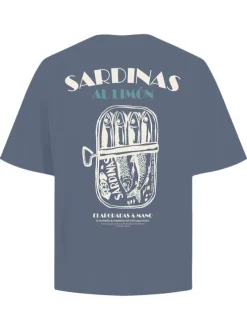T-shirt en coton bleu imprimé avec une coupe droite et un col rond