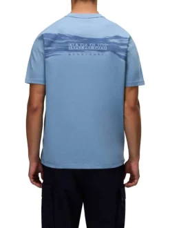 T-shirt en coton bleu imprimé avec une coupe droite et un col rond