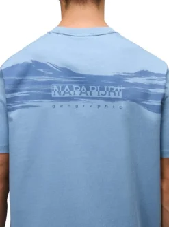 T-shirt en coton bleu imprimé avec une coupe droite et un col rond