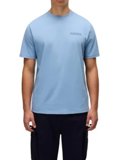 T-shirt en coton bleu imprimé avec une coupe droite et un col rond