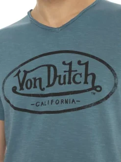 T-shirt en coton bleu imprimé avec une coupe droite et un col v