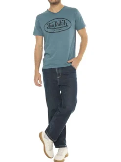 T-shirt en coton bleu imprimé avec une coupe droite et un col v