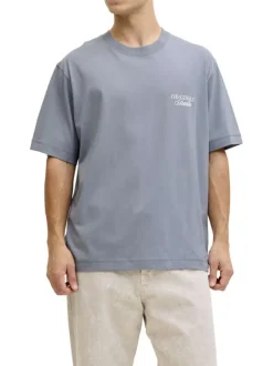 T-shirt en coton bleu imprimé à coupe droite pourvu d'un col rond