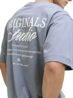 T-shirt en coton bleu imprimé à coupe droite pourvu d'un col rond