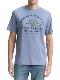 T-shirt en coton bleu imprimé à la poitrine avec de fines rayures et un col rond