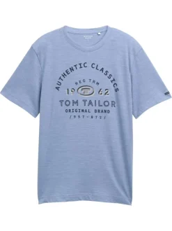T-shirt en coton bleu imprimé à la poitrine avec de fines rayures et un col rond