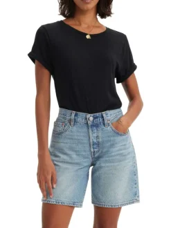 T-shirt en coton bleu marine chiné à coupe droite avec un col rond