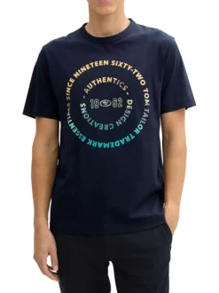 T-shirt en coton bleu marine à col rond avec un gros imprimé coloré à l'avant