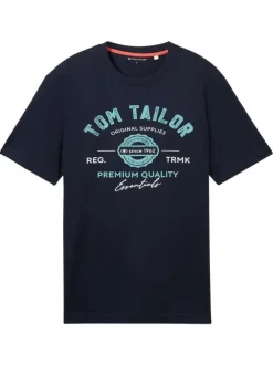 T-shirt en coton bleu marine à col rond avec un gros imprimé à l'avant