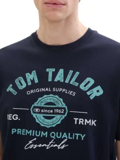 T-shirt en coton bleu marine à col rond avec un gros imprimé à l'avant