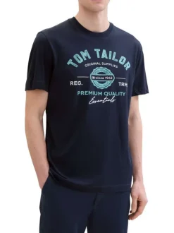 T-shirt en coton bleu marine à col rond avec un gros imprimé à l'avant
