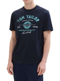 T-shirt en coton bleu marine à col rond avec un gros imprimé à l'avant