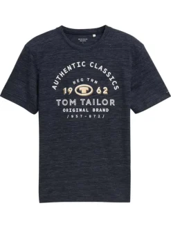 T-shirt en coton bleu marine à fines rayures avec un col rond et un gros imprimé