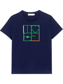 T-shirt en coton bleu marine imprimé à coupe droite avec un col rond