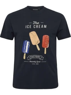 T-shirt en coton bleu marine imprimé sur le devant avec un col rond