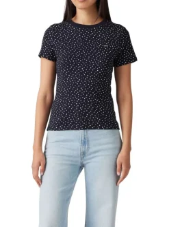 T-shirt en coton bleu marine à pois avec une coupe près du corps et un col rond