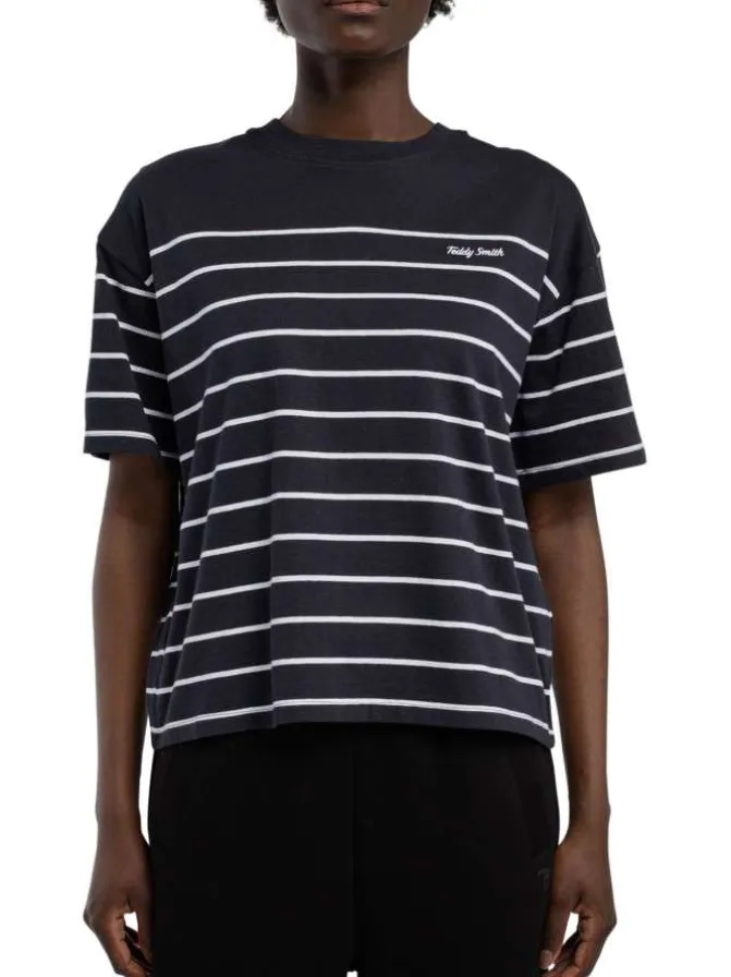 T-shirt en coton bleu marine rayé à col rond avec le nom de la marque