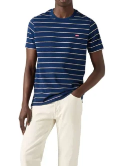 T-shirt en coton bleu marine à rayures avec un col rond et le logo brodé