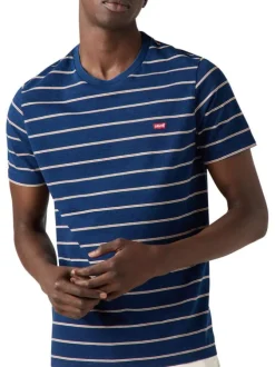 T-shirt en coton bleu marine à rayures avec un col rond et le logo brodé