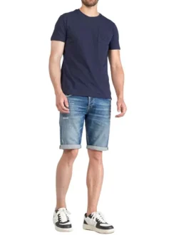 T-shirt en coton bleu marine uni à col rond avec une petite poche à la poitrine