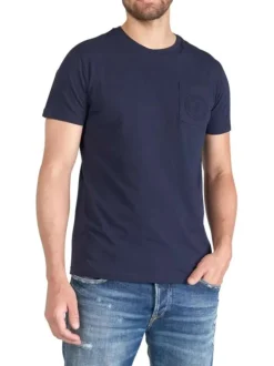 T-shirt en coton bleu marine uni à col rond avec une petite poche à la poitrine