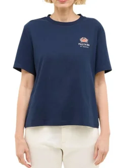 T-shirt en coton bleu marine uni à col rond avec un petit crabe imprimé