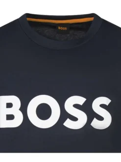 T-shirt en coton bleu marine uni à coupe droite et à col rond à imprimé logo