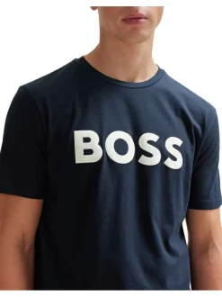 T-shirt en coton bleu marine uni à coupe droite et à col rond à imprimé logo