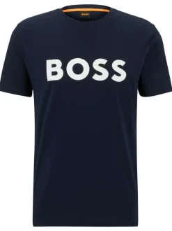 T-shirt en coton bleu marine uni à coupe droite et à col rond à imprimé logo