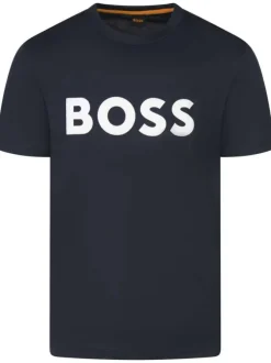 T-shirt en coton bleu marine uni à coupe droite et à col rond à imprimé logo