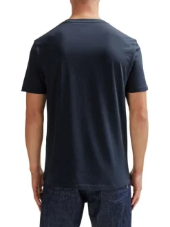 T-shirt en coton bleu marine uni à coupe droite et à col rond à imprimé logo