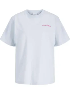 T-shirt en coton bleu à motifs imprimés pourvu d'une coupe droite